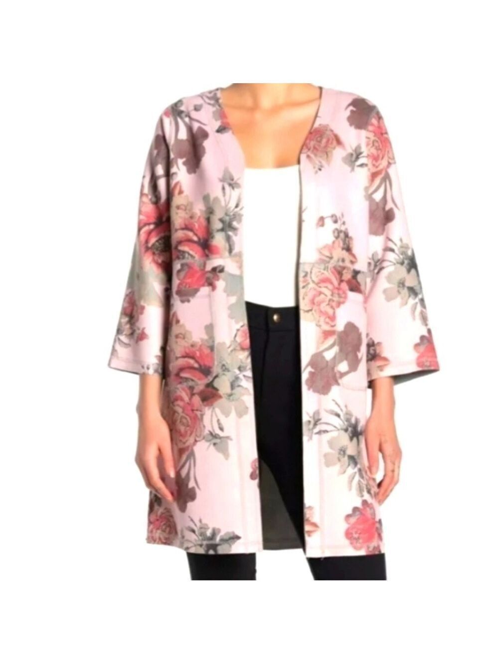 JOAN VASS Floral Blazer Jacket 3/4 Sleeve Faux Suede Open Front Duster M